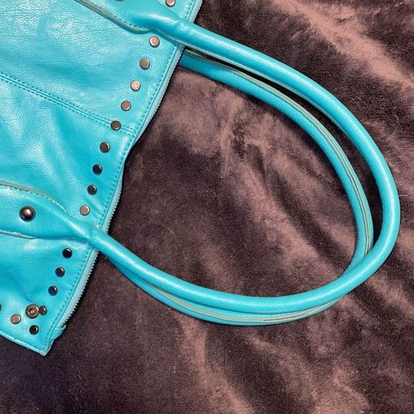Revolution Turquoise Blue Leather Studded Shoulder Bag Top Handle Purse Tassel - Picture 8 of 13